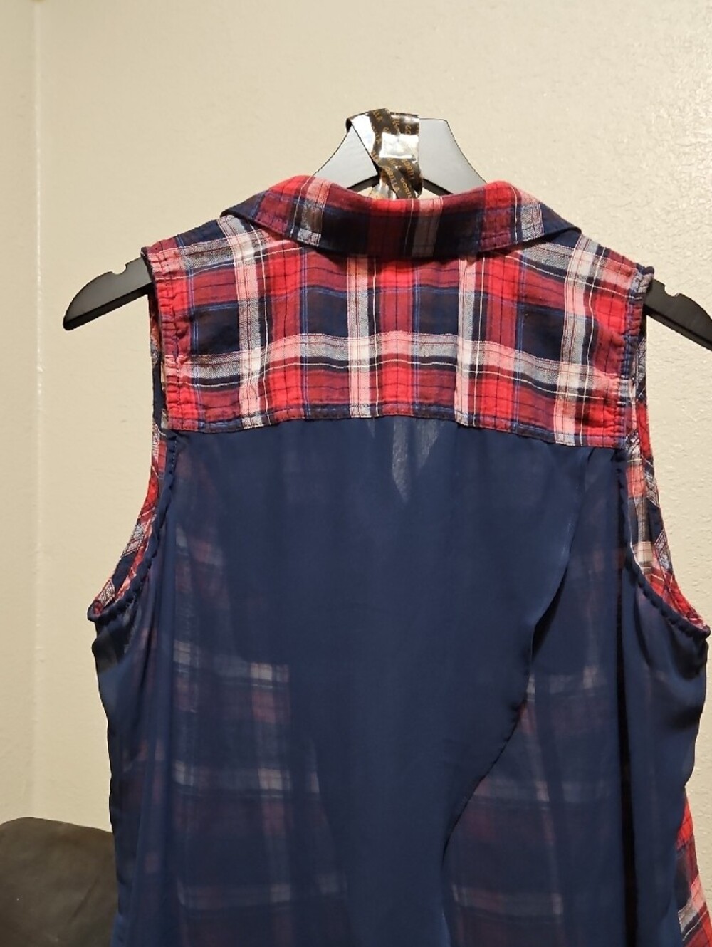 Maurices Red, Navy & White Plaid Sleeveless Button-Up Shirt - Picture 5 of 8